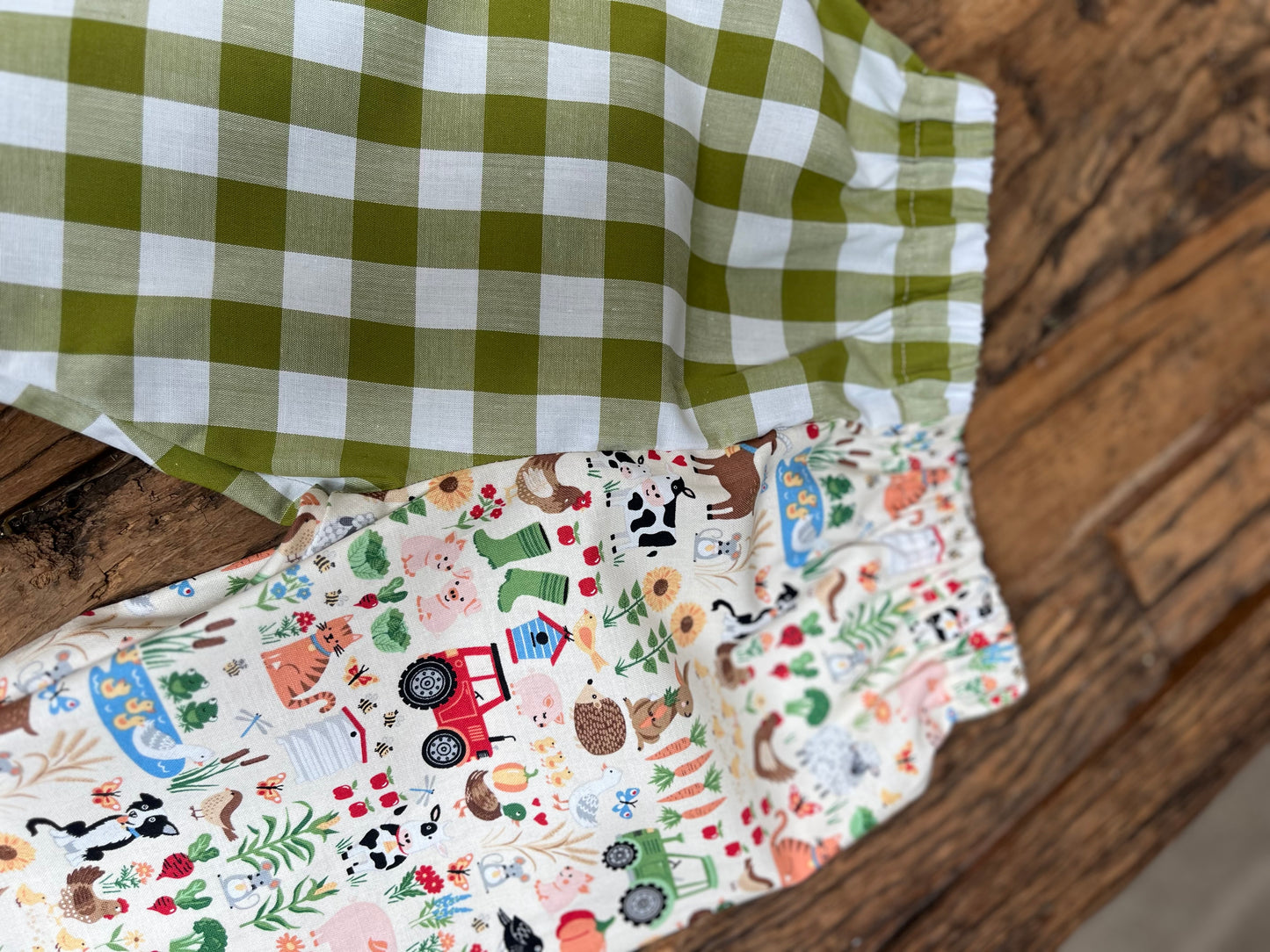 Handmade “farmyard gingham” trousers 6-12 months