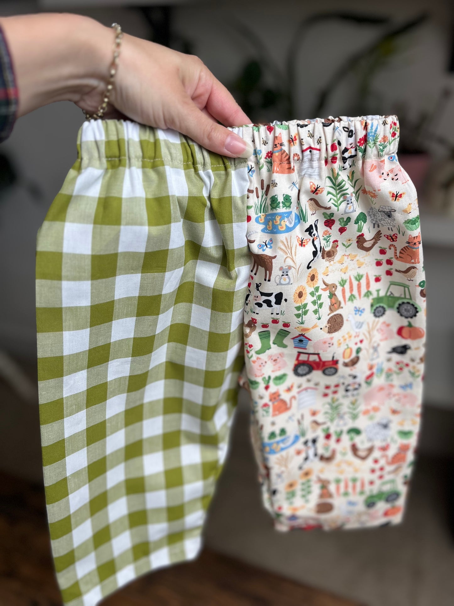 Handmade “farmyard gingham” trousers 6-12 months