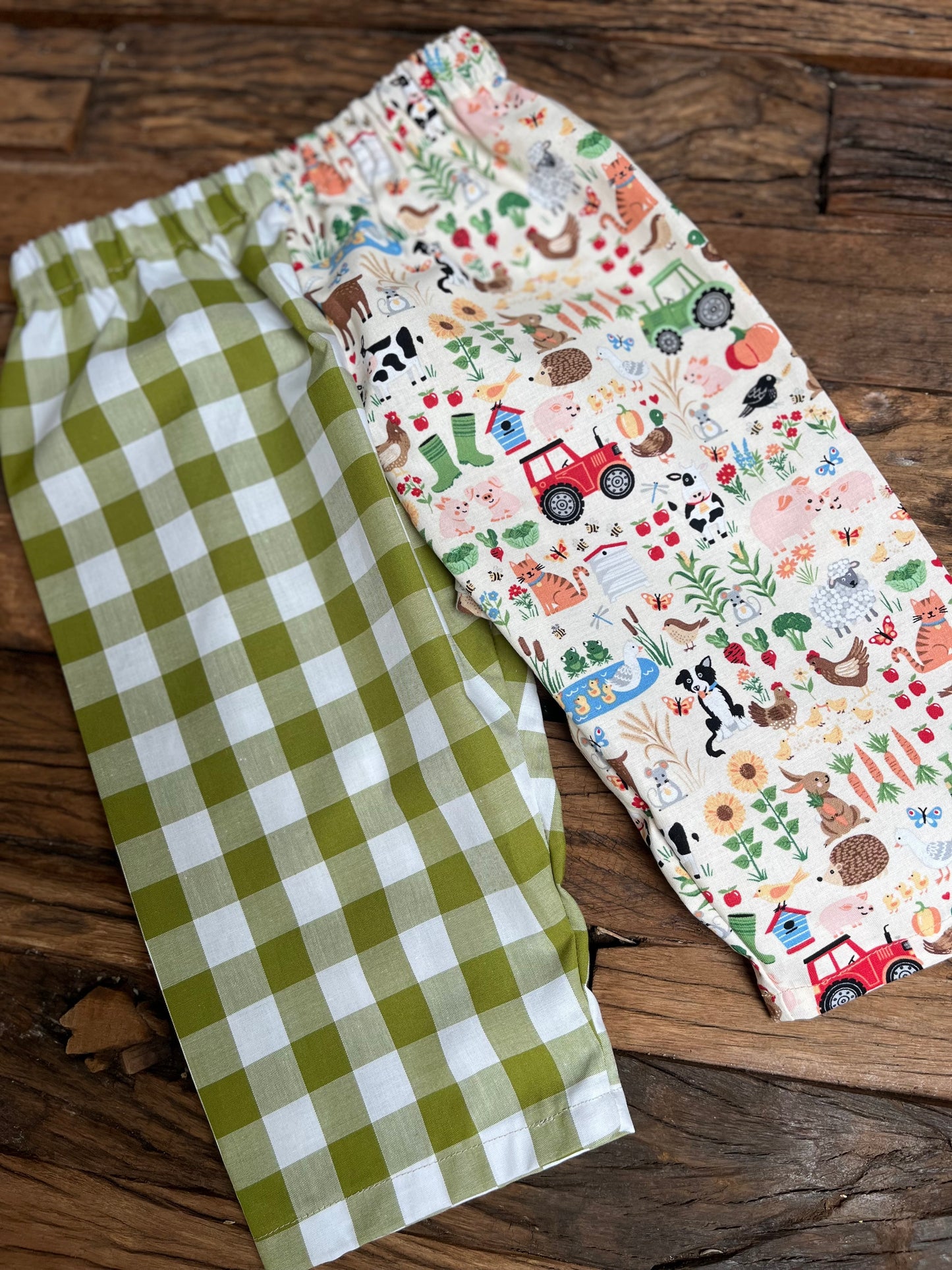 Handmade “farmyard gingham” trousers 6-12 months