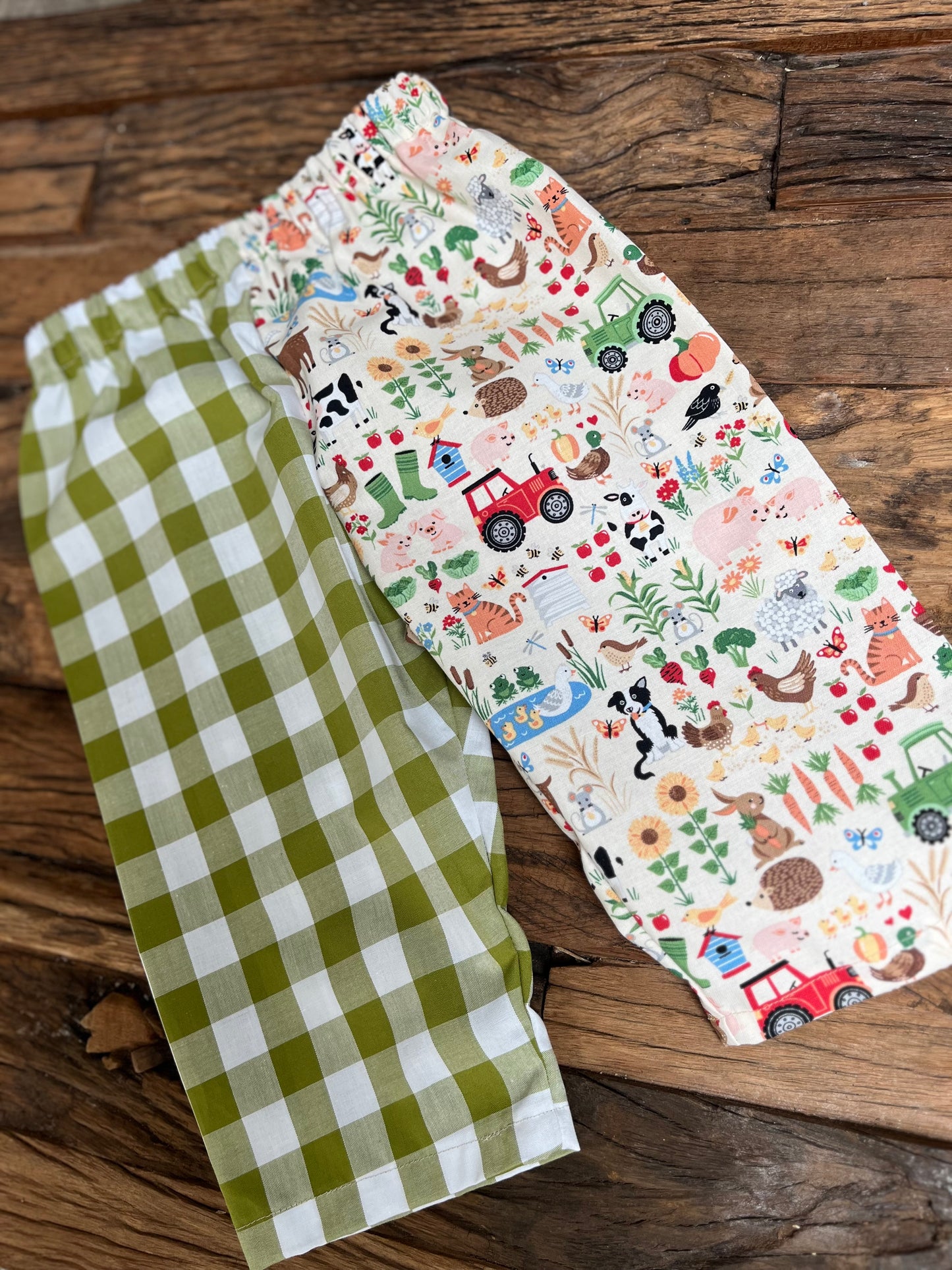 Handmade “farmyard gingham” trousers 6-12 months