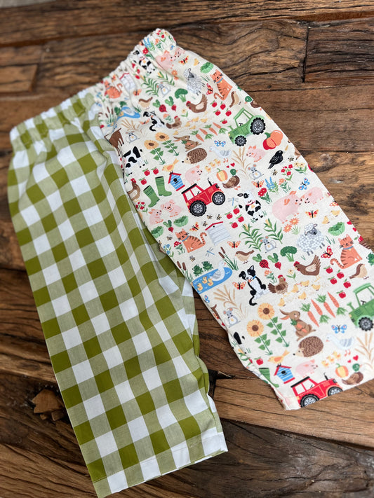 Handmade “farmyard gingham” trousers 6-12 months