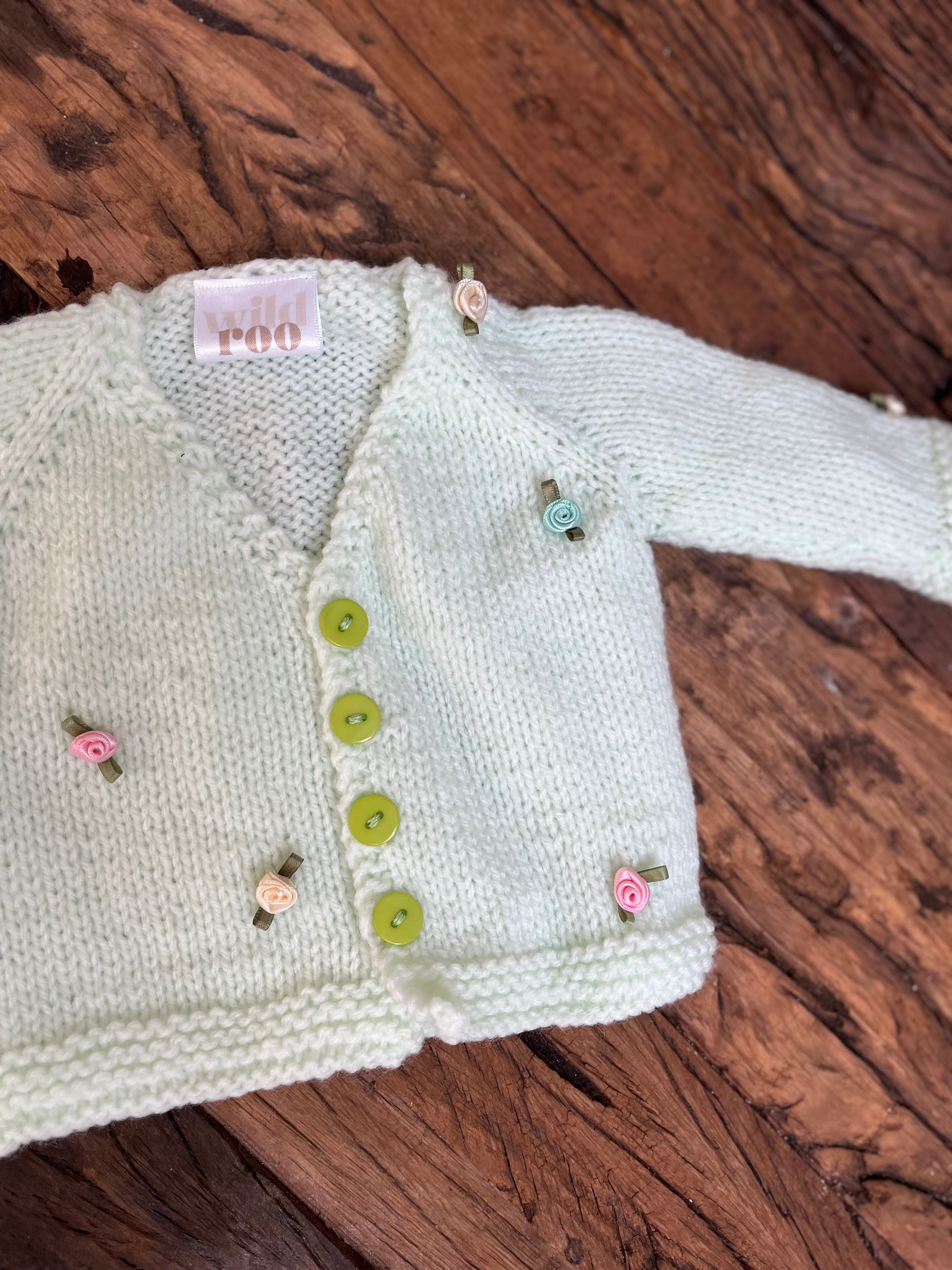 Handmade rosebud cardigan preemie/newborn